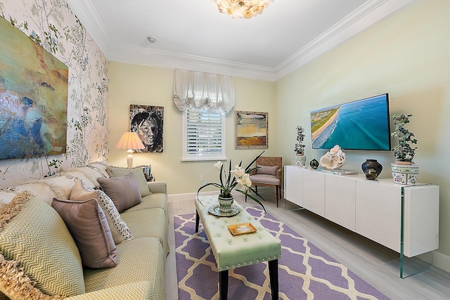 living room featuring light wood-type flooring and ornamental molding