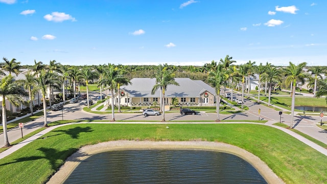 drone / aerial view featuring a water view