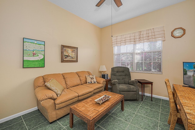 tiled living room featuring ceiling fan