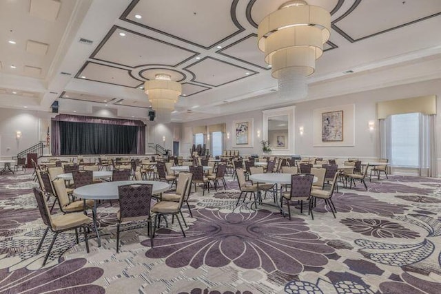 dining room with coffered ceiling and carpet flooring