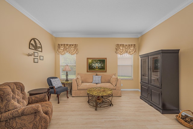 living room featuring ornamental molding and light hardwood / wood-style floors