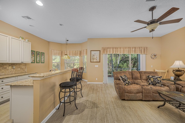 living room featuring ceiling fan, a textured ceiling, light hardwood / wood-style flooring, and a wealth of natural light