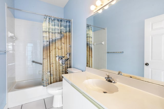 bathroom with shower / tub combo, vanity, toilet, and tile patterned floors