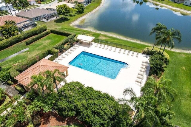 drone / aerial view featuring a water view