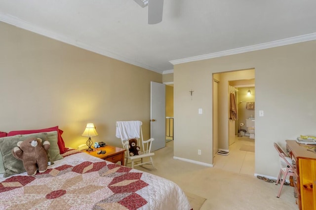 carpeted bedroom featuring ceiling fan and crown molding