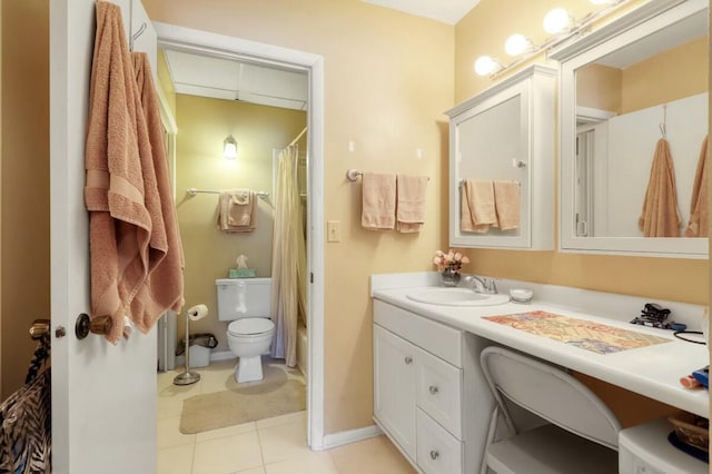 full bathroom with tile patterned flooring, vanity, toilet, and shower / bathtub combination with curtain