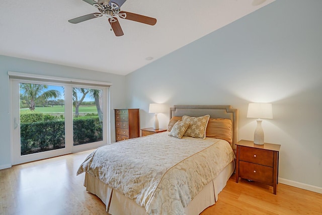 bedroom featuring light wood-type flooring, access to exterior, ceiling fan, and baseboards