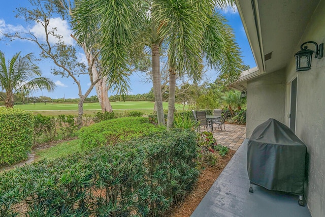 view of yard featuring a patio and golf course view