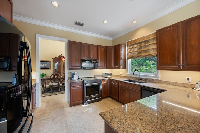 kitchen with black appliances, sink, light stone countertops, ornamental molding, and kitchen peninsula