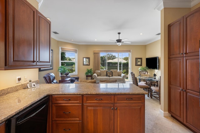 kitchen featuring dishwasher, ceiling fan, kitchen peninsula, and crown molding