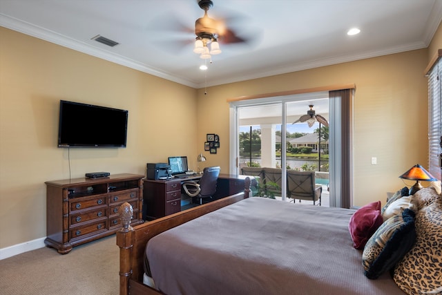 bedroom featuring carpet, access to outside, ceiling fan, and crown molding