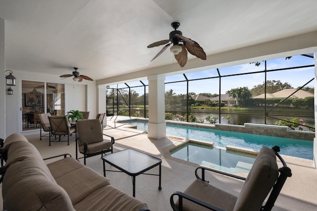 view of pool featuring glass enclosure, a water view, an outdoor hangout area, ceiling fan, and a patio area