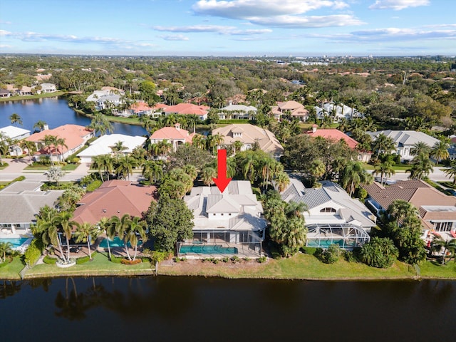 aerial view featuring a water view