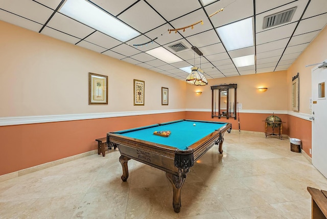 game room featuring a drop ceiling and billiards