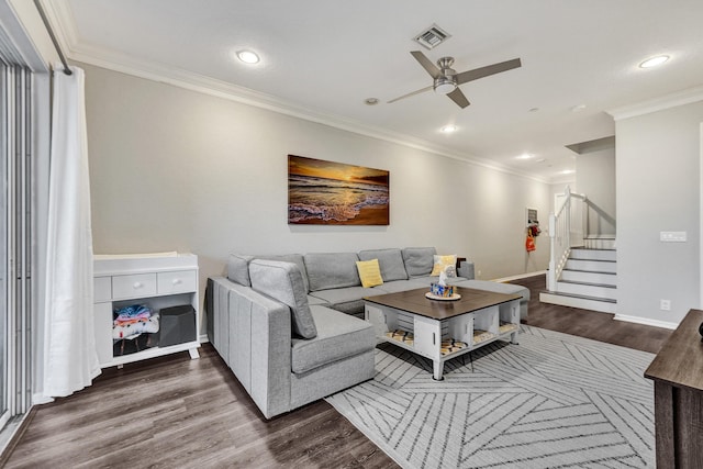 living room with ceiling fan, dark wood-type flooring, and ornamental molding