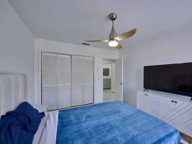 bedroom with ceiling fan and a closet