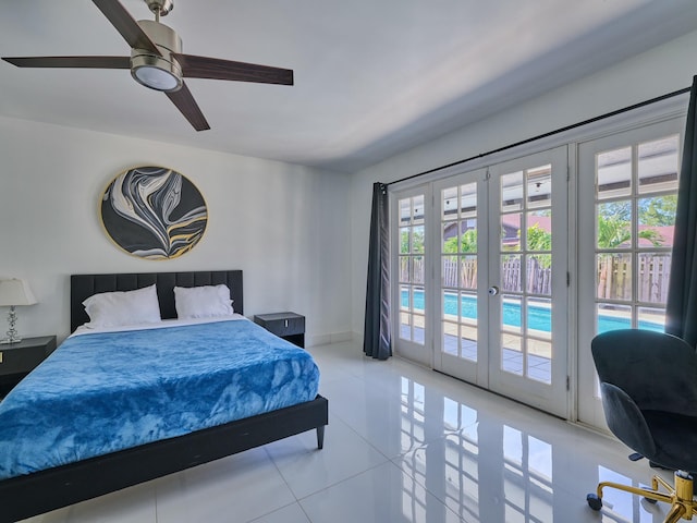 bedroom featuring access to exterior, ceiling fan, french doors, and light tile patterned flooring