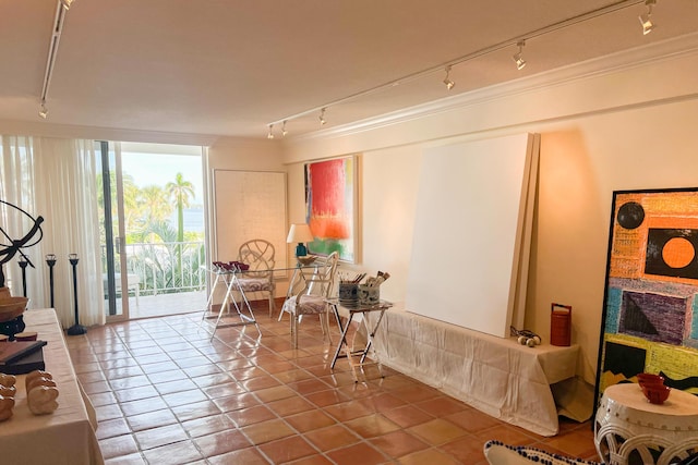 interior space with crown molding, tile patterned flooring, and track lighting