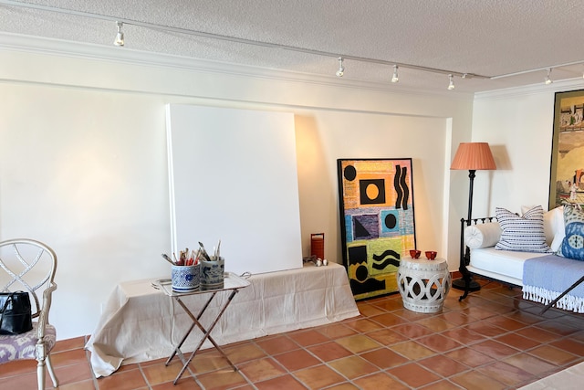 living area with tile patterned flooring, a textured ceiling, rail lighting, and ornamental molding