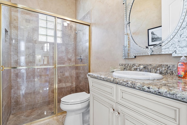 bathroom featuring toilet, vanity, and a shower with shower door