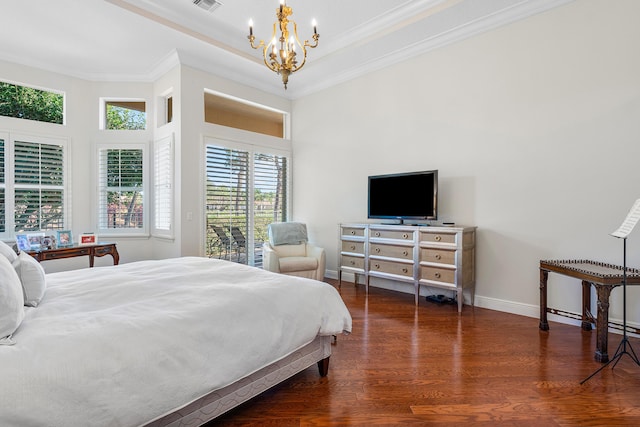 bedroom with dark wood-type flooring, a notable chandelier, access to exterior, and ornamental molding