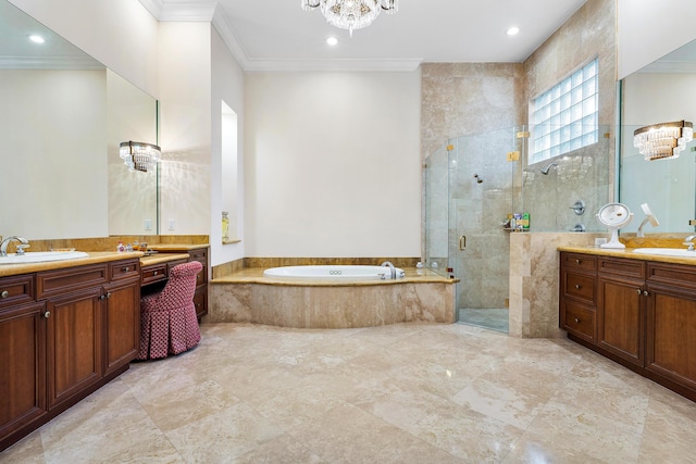 bathroom with ornamental molding, a notable chandelier, plus walk in shower, and vanity