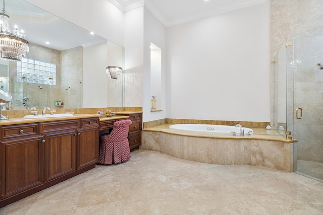 bathroom featuring vanity, separate shower and tub, ornamental molding, and a notable chandelier