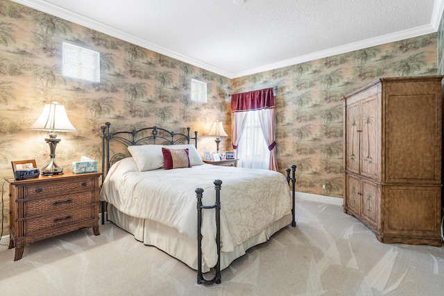 bedroom with a textured ceiling, light carpet, and crown molding