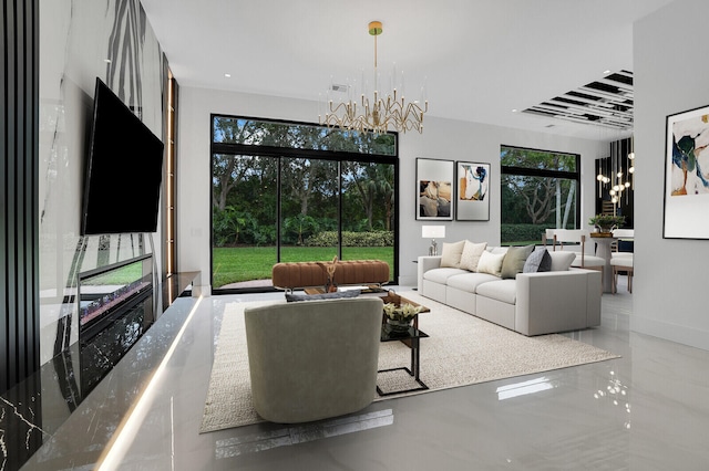 living room with a chandelier