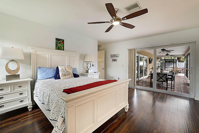 bedroom featuring a ceiling fan, dark wood-style flooring, visible vents, and access to exterior