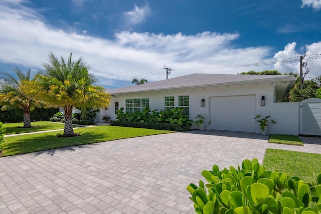 view of front facade featuring a front yard and a garage