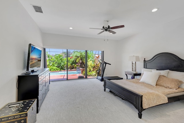 bedroom with ceiling fan, light carpet, and access to outside