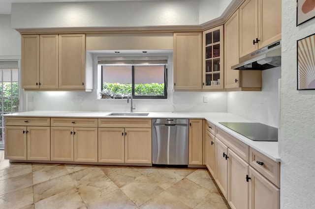 kitchen with a wealth of natural light, dishwasher, sink, light brown cabinets, and black electric cooktop