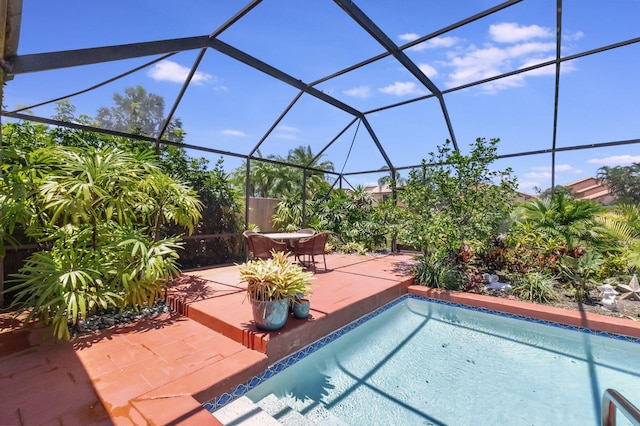 view of swimming pool with a lanai and a patio area