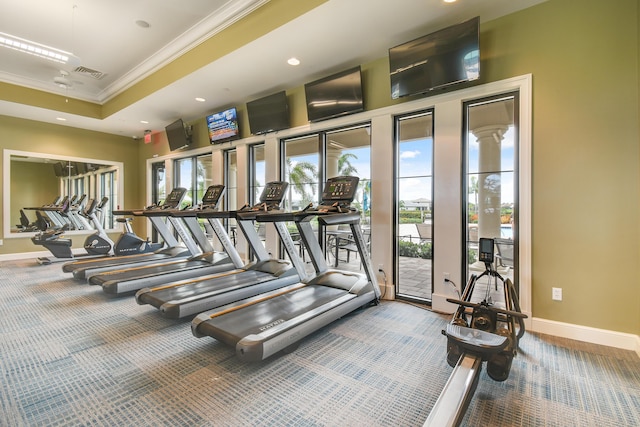 gym with ornamental molding