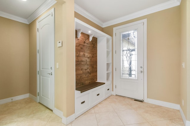 mudroom featuring light tile patterned flooring and ornamental molding