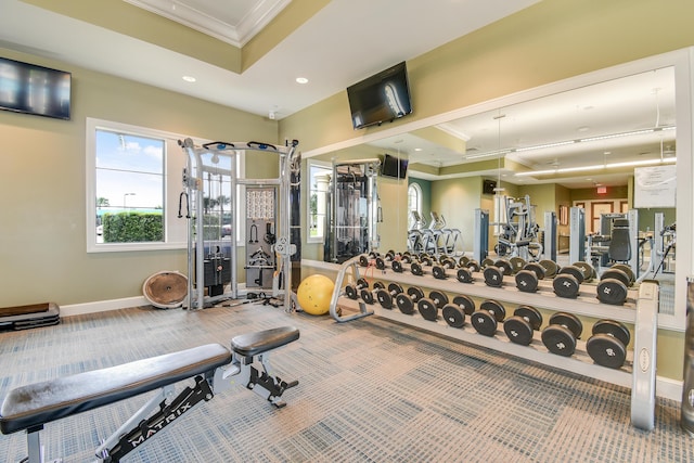 exercise room featuring ornamental molding