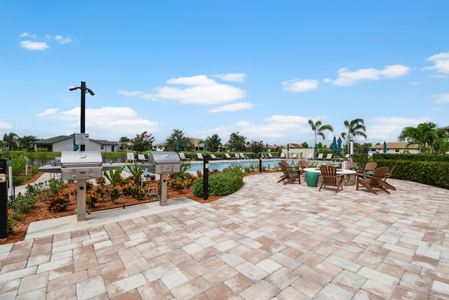 view of patio / terrace featuring a water view and a community pool