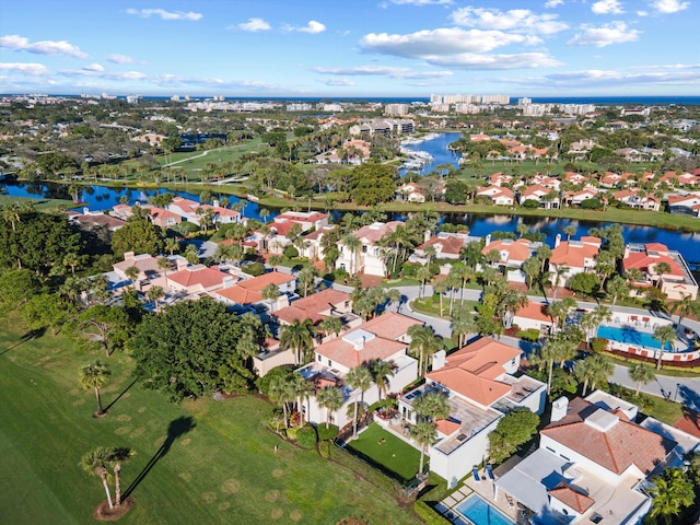 drone / aerial view featuring a water view