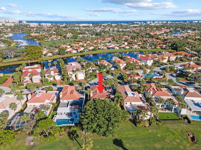 aerial view featuring a water view