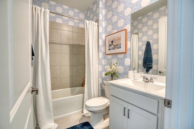 full bathroom featuring vanity, shower / bath combination with curtain, and toilet