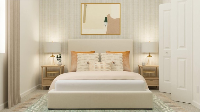 bedroom featuring baseboards, carpet flooring, and wallpapered walls