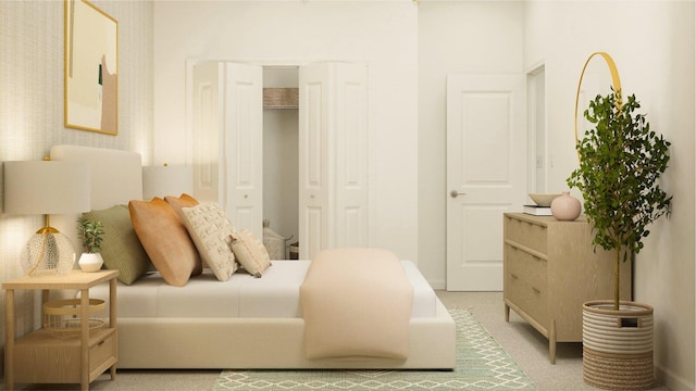bedroom featuring light carpet and a closet
