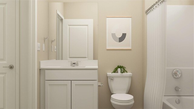 full bath featuring shower / bath combination with curtain, toilet, and vanity