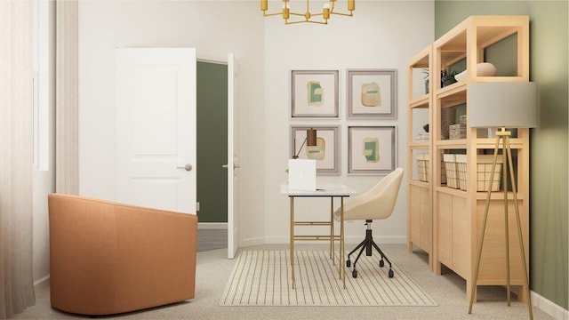 office area featuring baseboards, carpet, and a chandelier