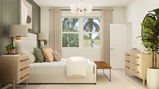 bedroom featuring light colored carpet and a notable chandelier
