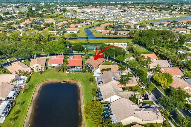 aerial view featuring a water view