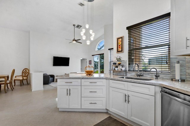 kitchen featuring sink, stainless steel dishwasher, white cabinets, and ceiling fan