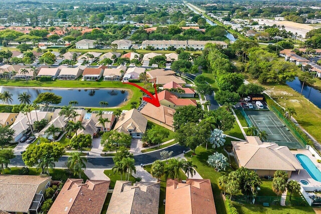 drone / aerial view featuring a water view