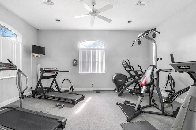 exercise room featuring a healthy amount of sunlight, a textured ceiling, and ceiling fan